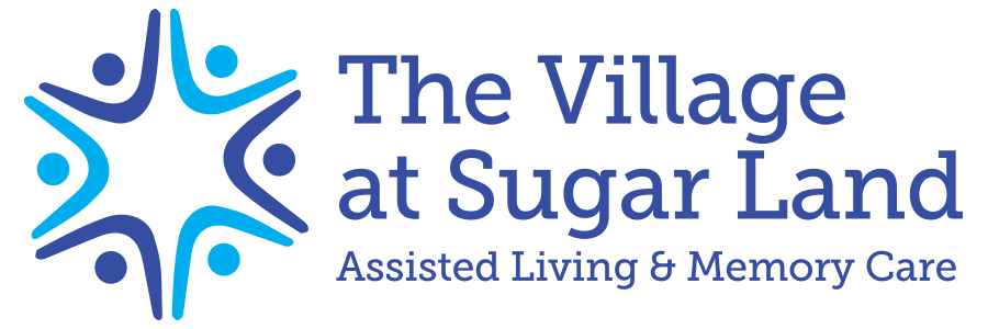 A blue and black banner with the words " the village at sugar land assisted living community ".