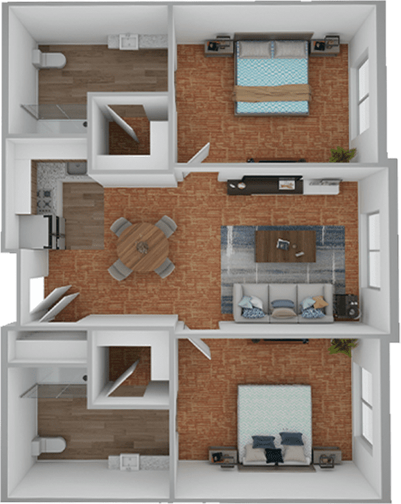 A floor plan of a room with furniture and appliances.