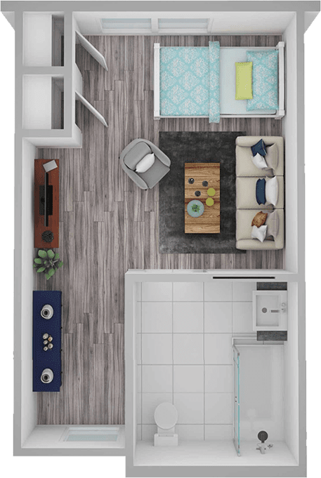 A floor plan of a room with furniture and accessories.